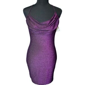 Lush Purple Body Con Glitter Spaghetti StrapMini Dress Large NWT